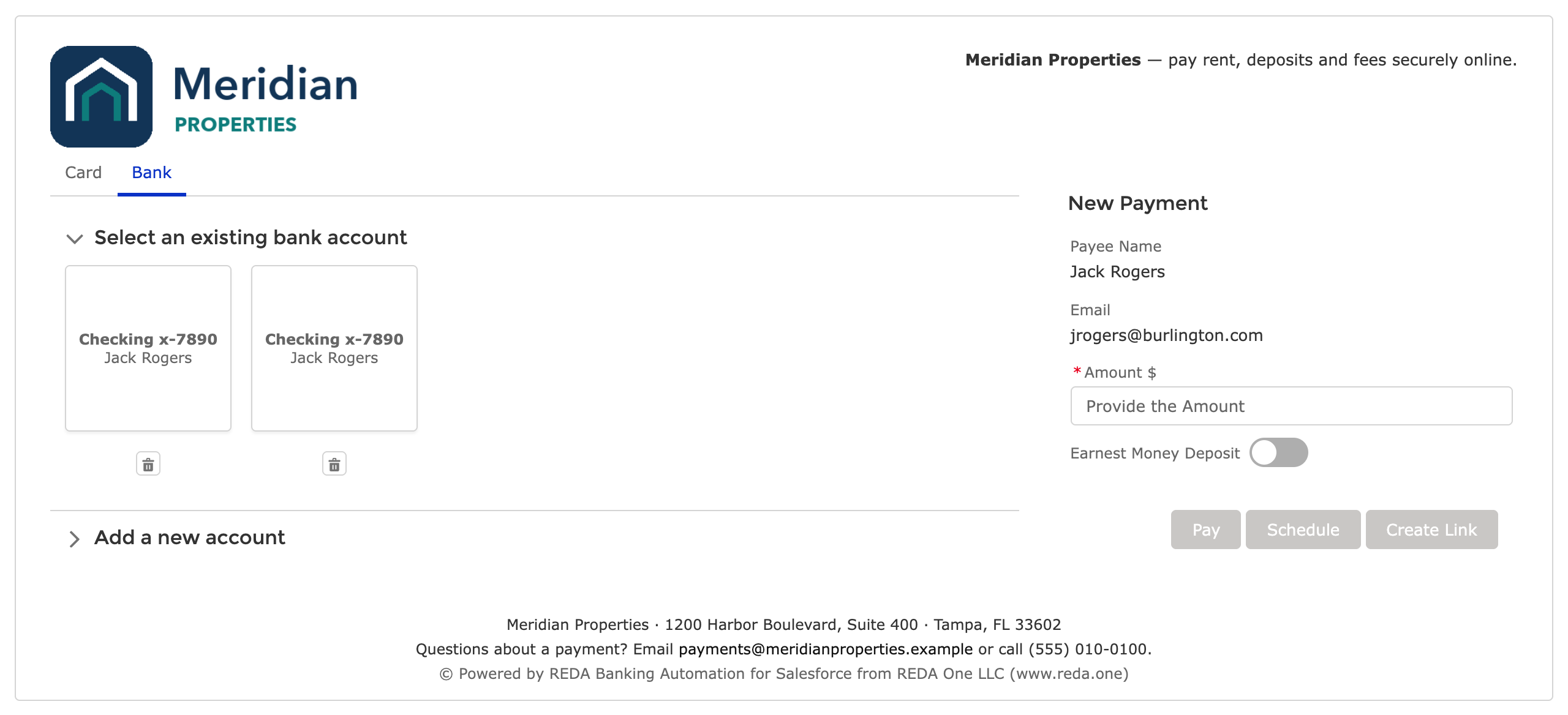 La tarjeta de REDA Pay en una página de pago del portal: el logotipo y la línea de encabezado de Meridian arriba, las pestañas Card y Bank, el panel New Payment y el pie de página, todo definido en la cuenta de procesamiento