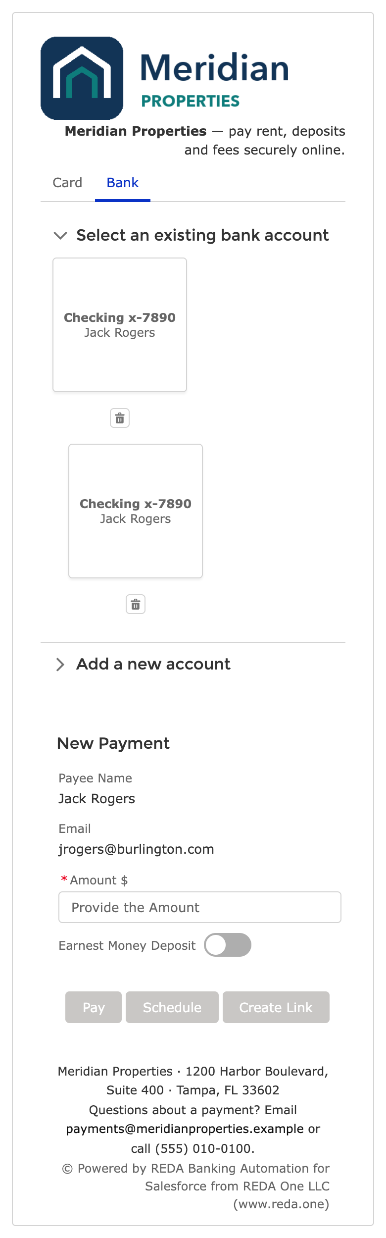 La pantalla de pago del portal en ancho de teléfono, con los mosaicos de métodos guardados apilados sobre el panel New Payment