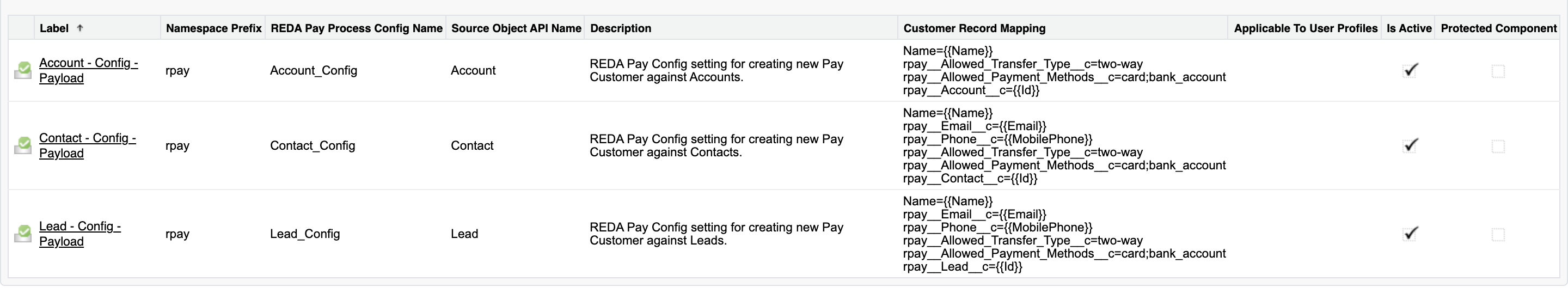 La liste des métadonnées personnalisées REDA Pay Process Config dans la Configuration, avec les trois enregistrements fournis Account - Config - Payload, Contact - Config - Payload et Lead - Config - Payload, Is Active coché