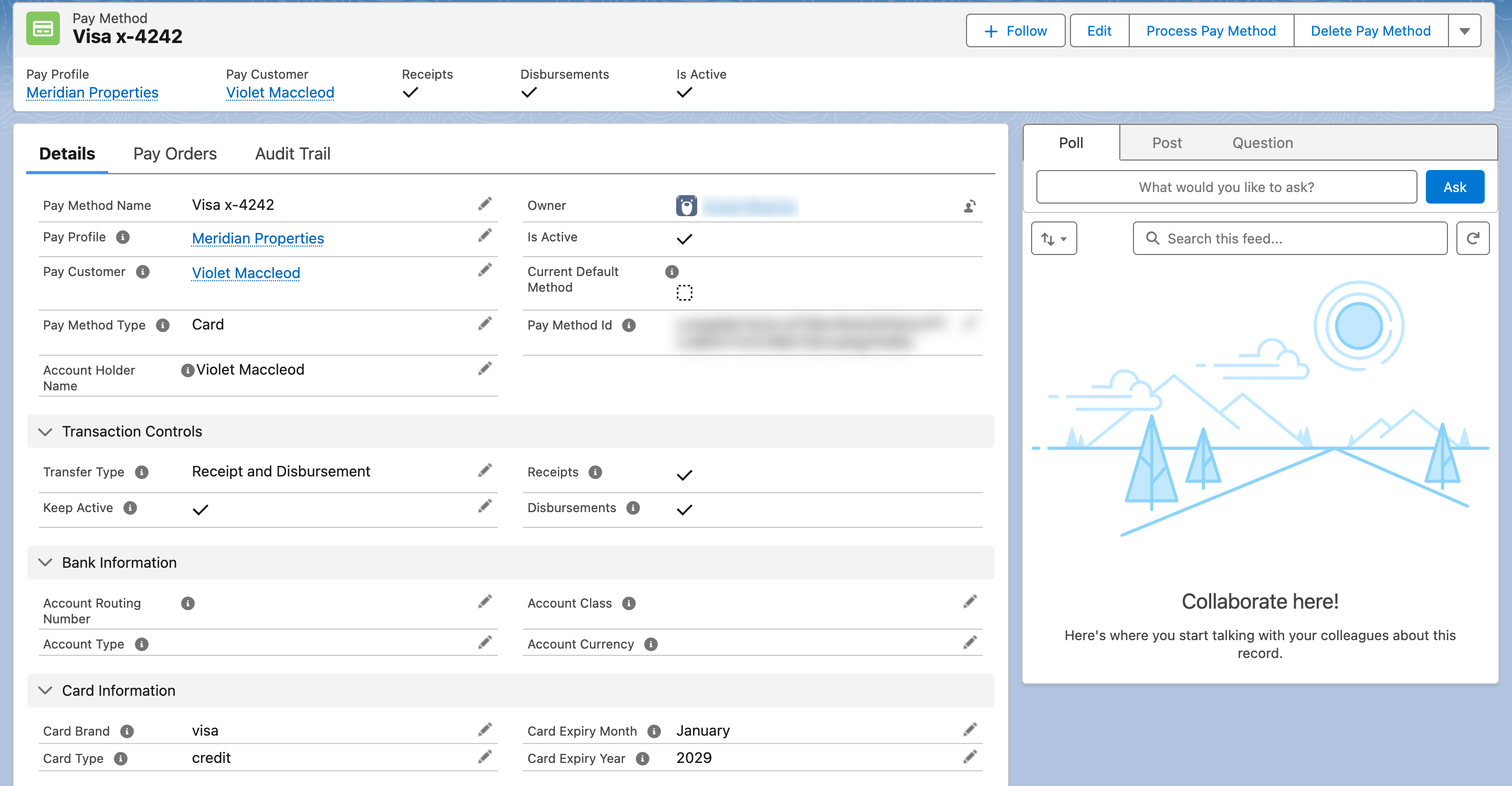 A Pay Method record "Visa x-4242": the top section (Pay Method Type, Account Holder Name, Is Active, Current Default Method and the encrypted Pay Method Id), the Transaction Controls section (Transfer Type, Keep Active, Receipts, Disbursements) and the Card Information section (Card Brand, Card Type, Card Expiry Month and Year)