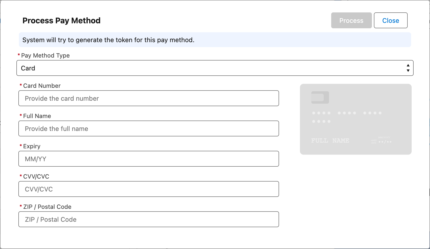 The Process Pay Method dialog on a Pay Method with the Pay Method Type choice (Card / Bank Account (ACH)) and the empty card form