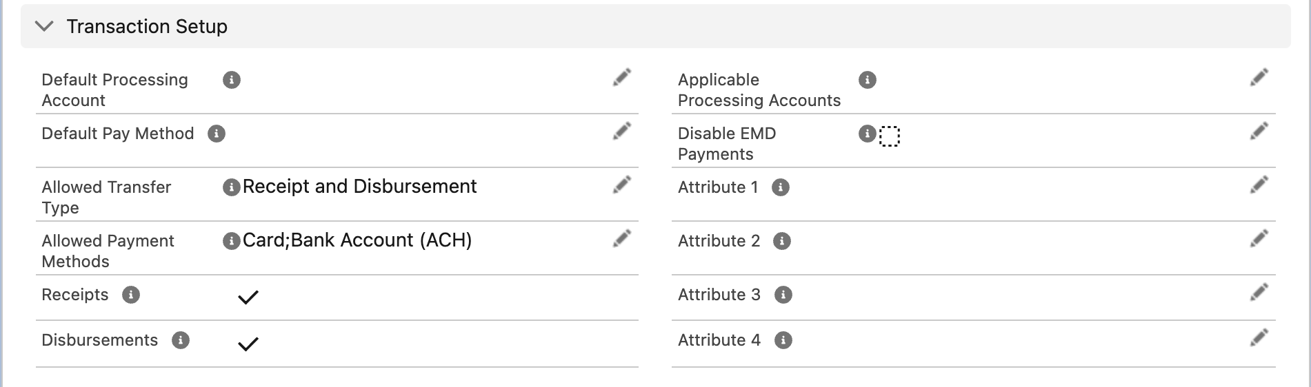 The Transaction Setup section of a Pay Customer: Default Processing Account, Default Pay Method, Allowed Transfer Type "Receipt and Disbursement", Allowed Payment Methods "Card;Bank Account (ACH)", Receipts and Disbursements ticked, Applicable Processing Accounts, Disable EMD Payments, Attribute 1–4