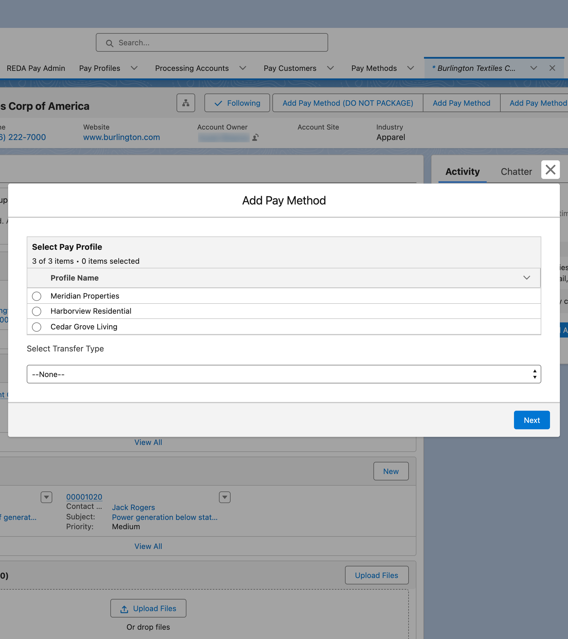 El diálogo Add Pay Method de una cuenta: una tabla Select Pay Profile con tres perfiles, la lista Select Transfer Type y el botón Next