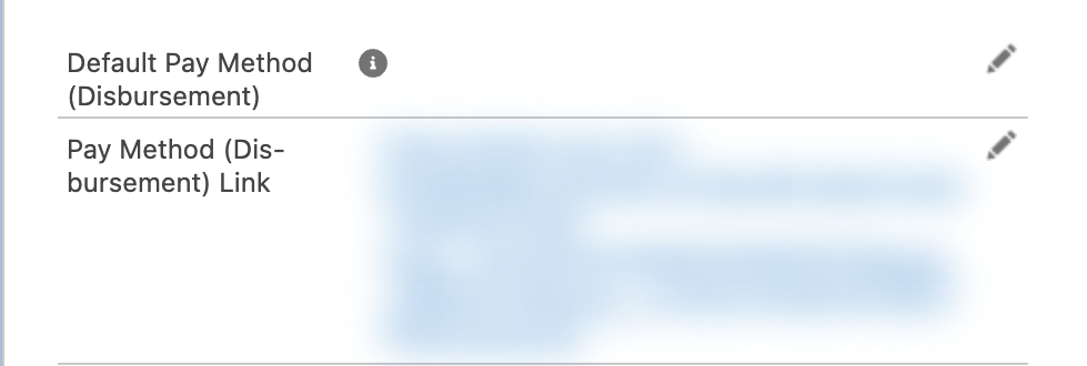 La pestaña Detalles de una cuenta con el campo Pay Method (Disbursement) Link completado con una dirección del sitio público y la búsqueda Default Pay Method (Disbursement)