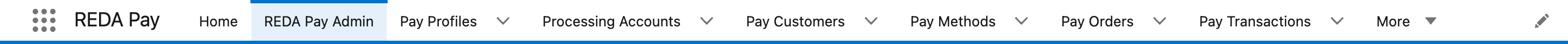La barra de navegación de la app REDA Pay con sus pestañas: Home, REDA Pay Admin, Pay Profiles, Processing Accounts, Pay Customers, Pay Methods, Pay Orders, Pay Transactions y More
