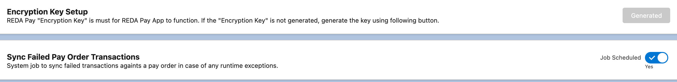 L’onglet REDA Pay Admin avec la carte Encryption Key Setup (bouton « Generated ») et la carte Sync Failed Pay Order Transactions avec son commutateur Job Scheduled