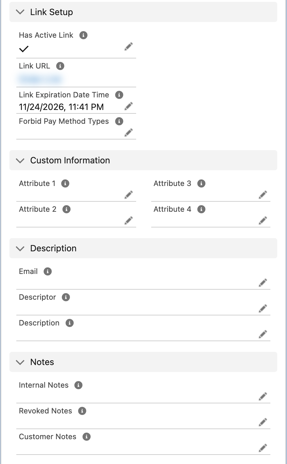 Una Pay Order de tipo Link: la sección Link Setup con Has Active Link marcado, Link URL, Link Expiration Date Time y Forbid Pay Method Types, y luego las secciones Custom Information, Description y Notes con el campo Customer Notes