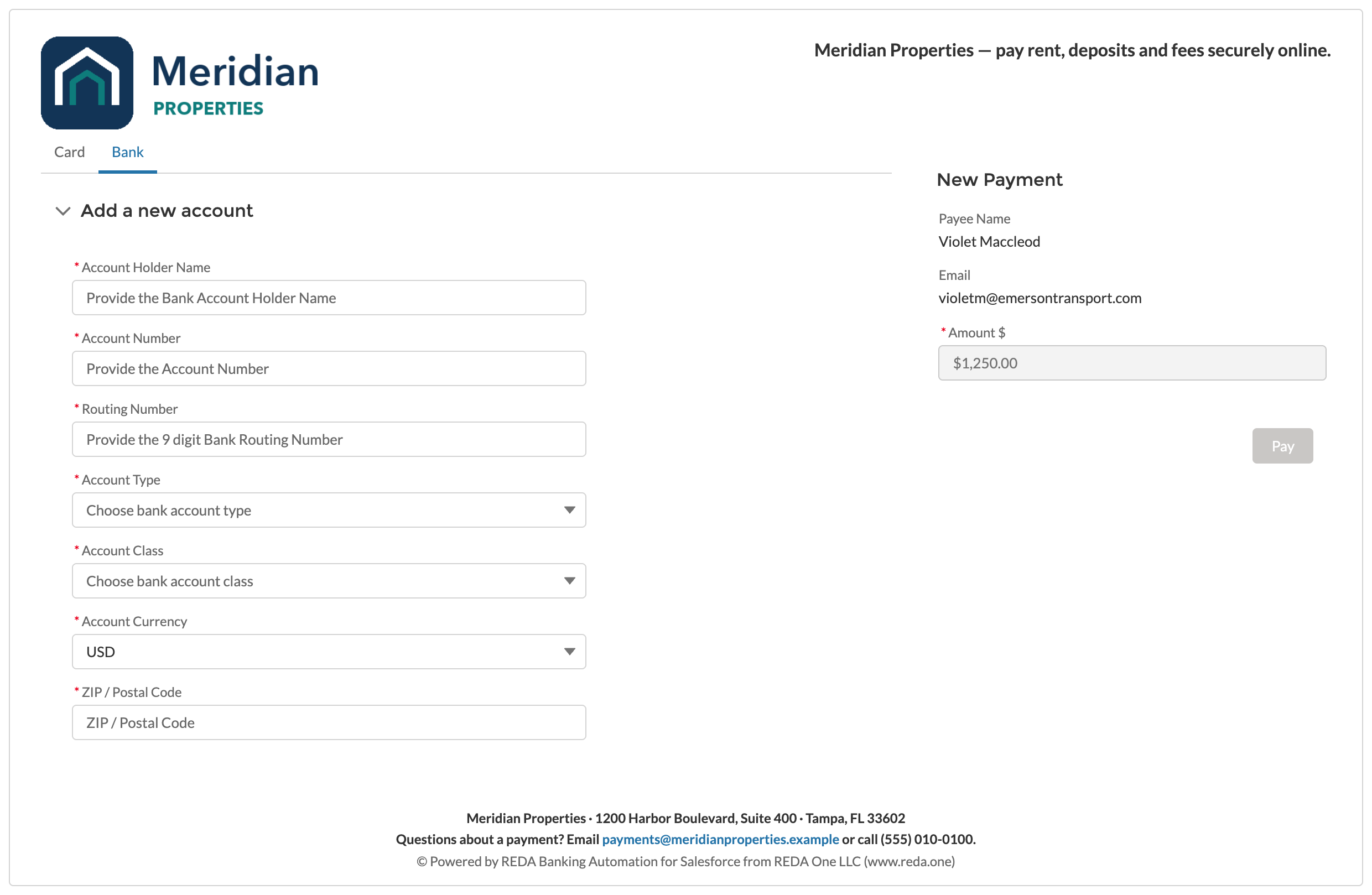A página pública de pagamento vista por um cliente desconectado: o logotipo e a linha de cabeçalho da Meridian Properties, as guias Card e Bank com Bank aberta, o formulário Add a new account, o painel New Payment com o valor bloqueado em $1,250.00, o botão Pay e o rodapé da conta de processamento