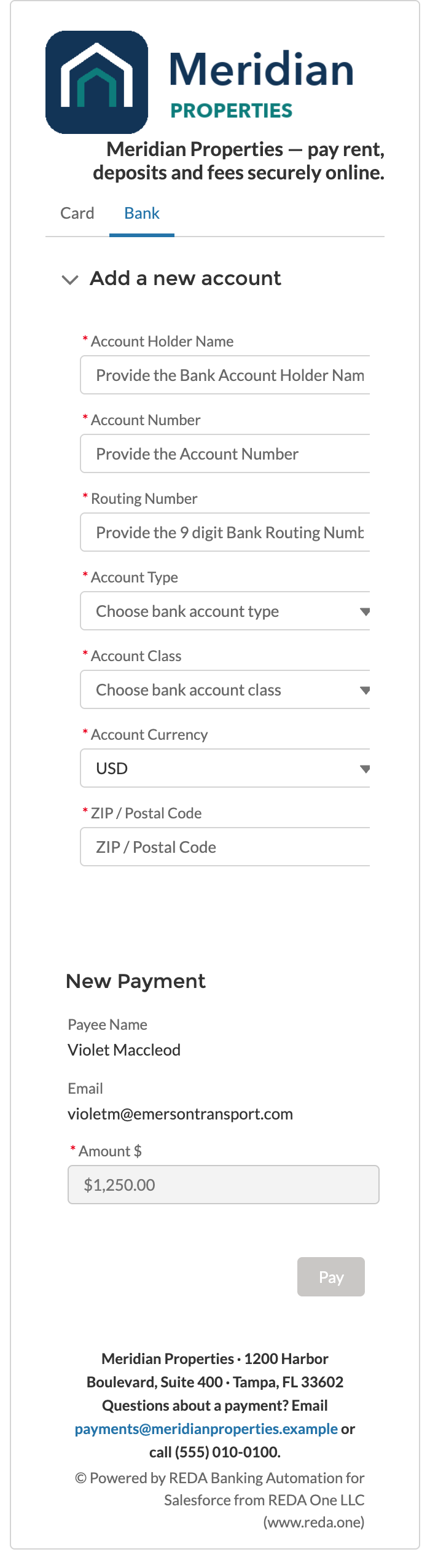 A mesma página pública de pagamento na largura de um celular: o cabeçalho, o formulário Bank e, depois, o painel New Payment e o botão Pay empilhados abaixo
