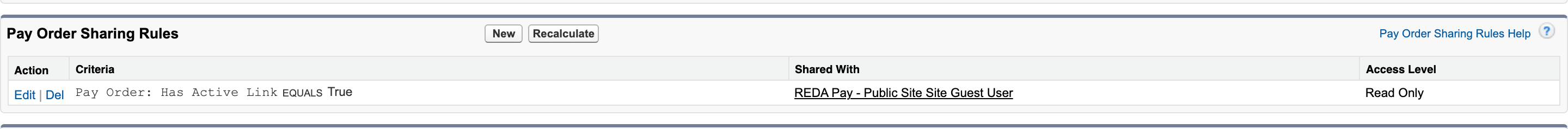 La liste des règles de partage Pay Order dans la Configuration, avec une règle de critères pour utilisateur invité « Has Active Link equals True » destinée à l’utilisateur invité du site public, en lecture seule