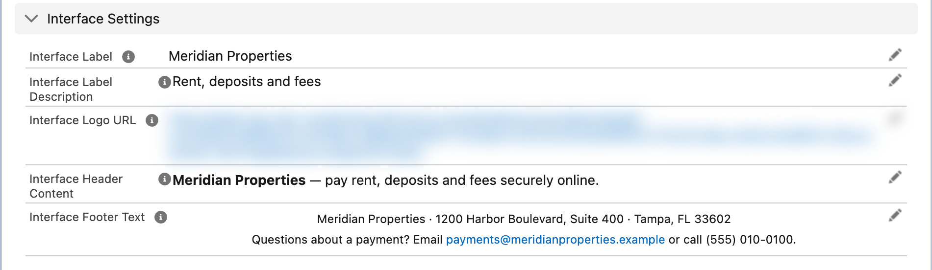 A seção Interface Settings de uma Processing Account com Interface Label "Meridian Properties", Interface Label Description "Rent, deposits and fees", o Interface Logo URL preenchido, a linha de cabeçalho e o texto do rodapé