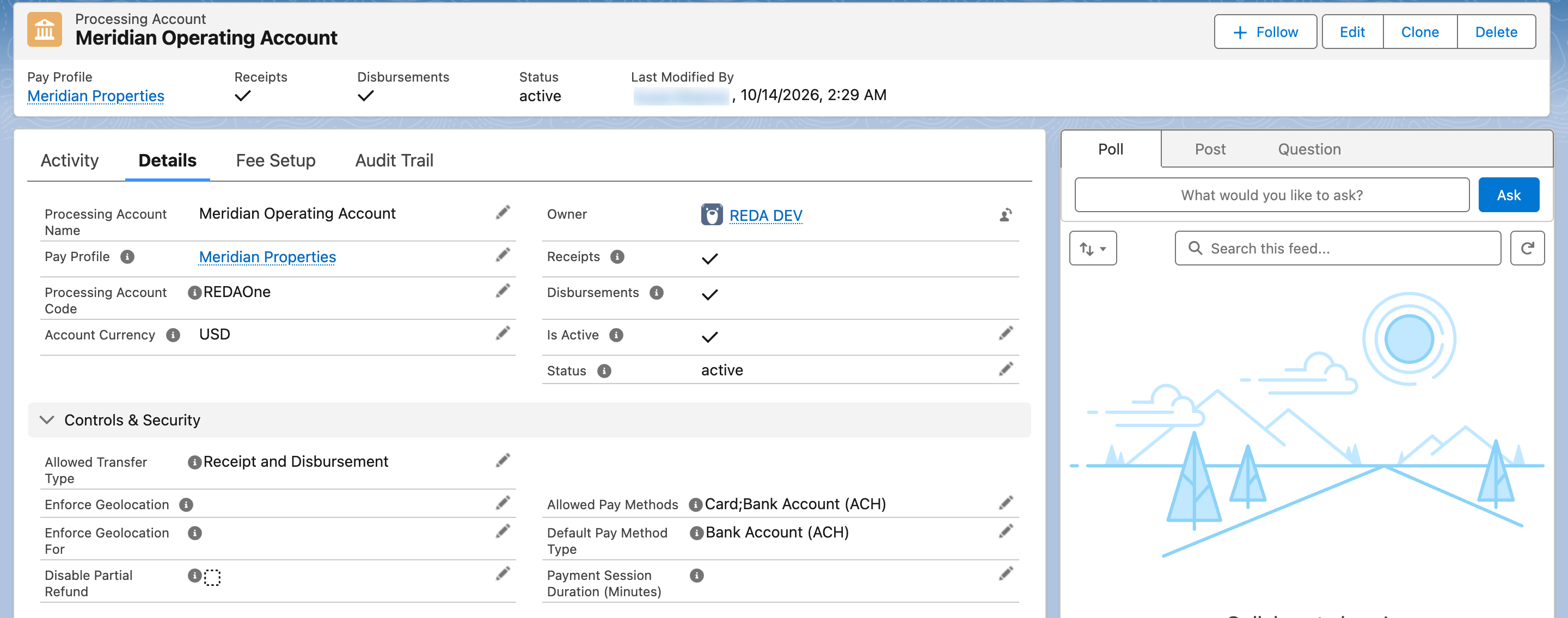 Un registro de Processing Account, pestaña Details, con los campos superiores y la sección Controls & Security: Allowed Transfer Type "Receipt and Disbursement", Allowed Pay Methods "Card;Bank Account (ACH)", Default Pay Method Type "Bank Account (ACH)", Account Currency USD, Is Active marcado