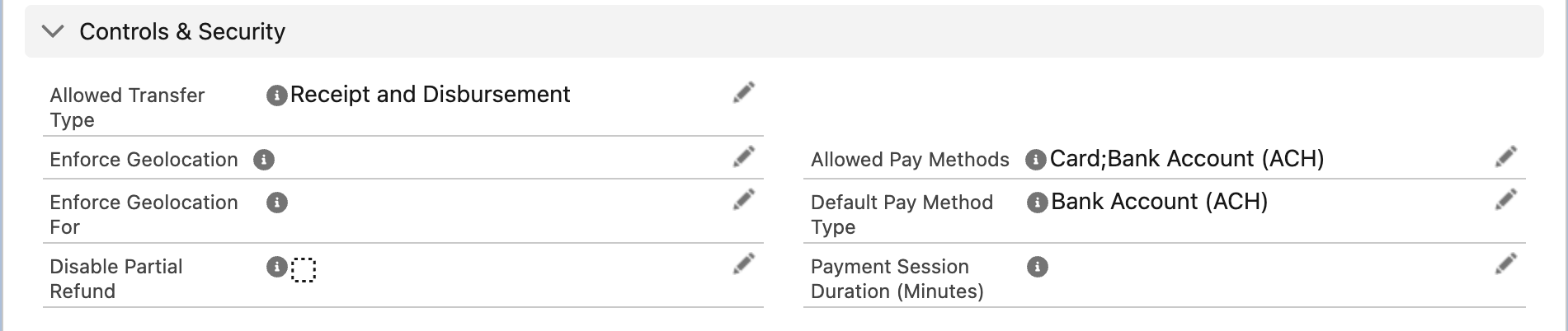 A seção Controls & Security de uma Processing Account mostrando Enforce Geolocation, Enforce Geolocation For, Payment Session Duration (Minutes) e Disable Partial Refund