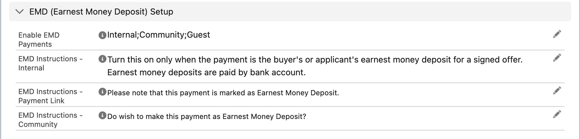 The EMD (Earnest Money Deposit) Setup section of a Processing Account with Enable EMD Payments "Internal;Community;Guest" and the three instruction texts filled in