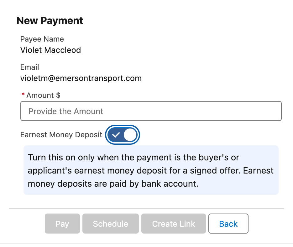 The payment screen's Bank tab with the Earnest Money Deposit switch turned on and the account's EMD instruction text shown beneath it