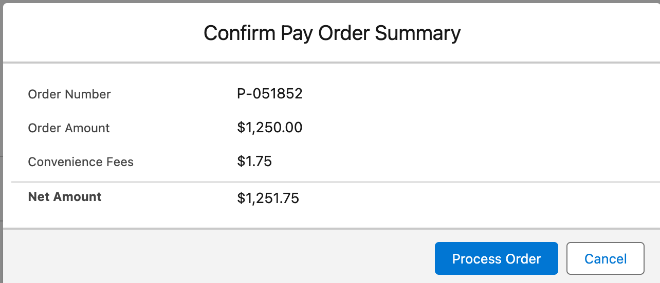 The Confirm Pay Order Summary dialog showing Order Number, Order Amount $1,250.00, Convenience Fees $1.75 and Net Amount $1,251.75 with Process Order and Cancel buttons