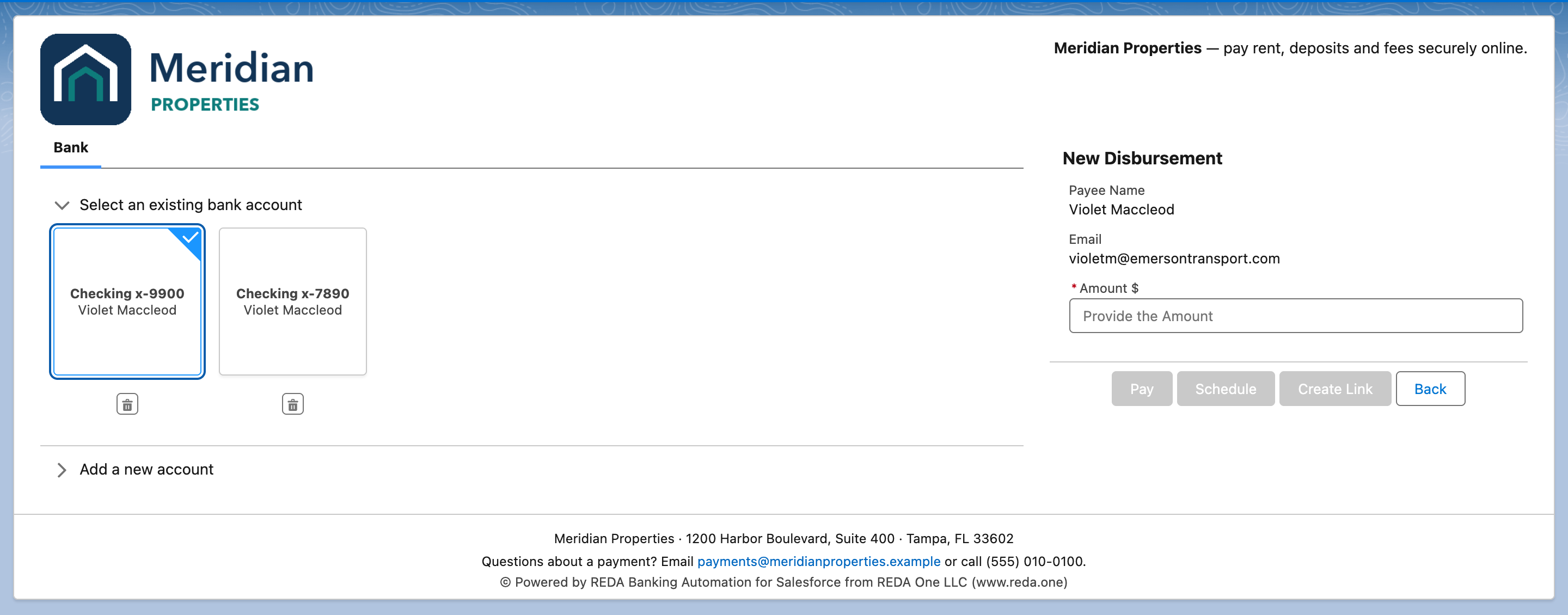 La pantalla de pago en modo desembolso: solo la pestaña Bank, un mosaico de cuenta bancaria guardada seleccionado y el panel New Disbursement con Payee Name, Email, Amount $ y los botones de pago
