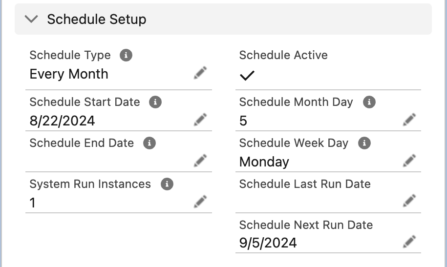 La sección Schedule Setup de una Pay Order: Schedule Type Every Month, Schedule Month Day 5, Schedule Start Date, Schedule Active marcado, System Run Instances y Schedule Next Run Date