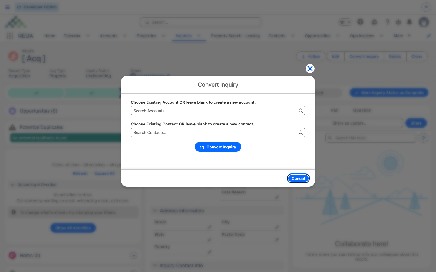 The Convert Inquiry dialog with the existing-Account and existing-Contact search pickers