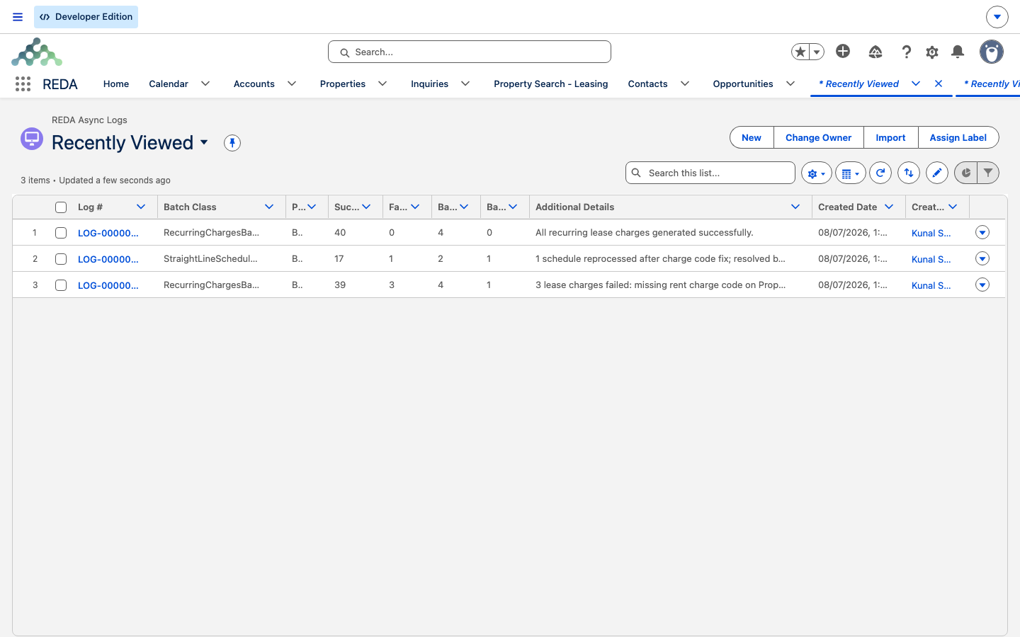 The REDA Async Logs tab list view showing recent batch runs with their success, failed, and batch-error counts.