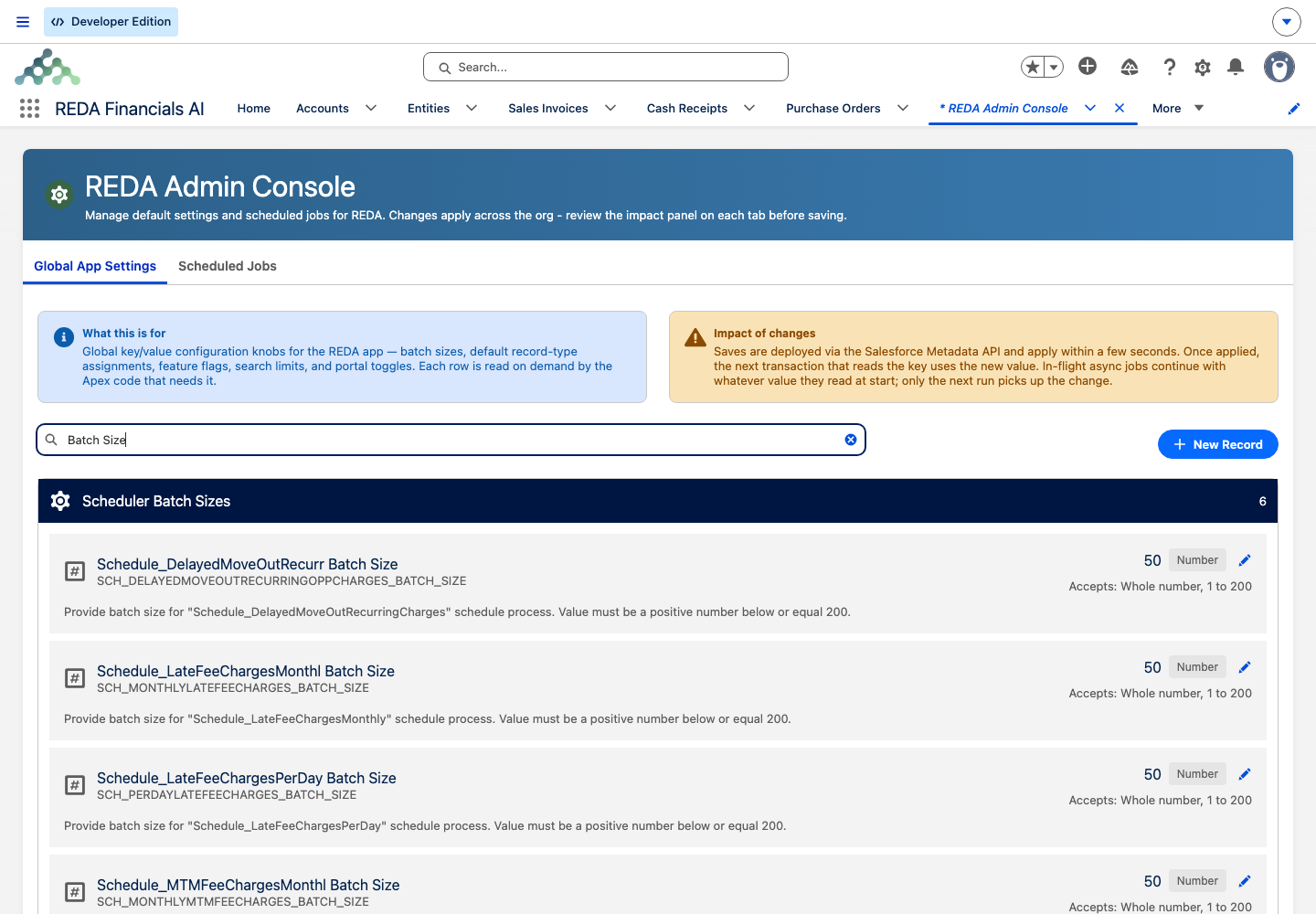 The Global App Settings list filtered to Batch Size, showing the six Scheduler Batch Size settings grouped together.