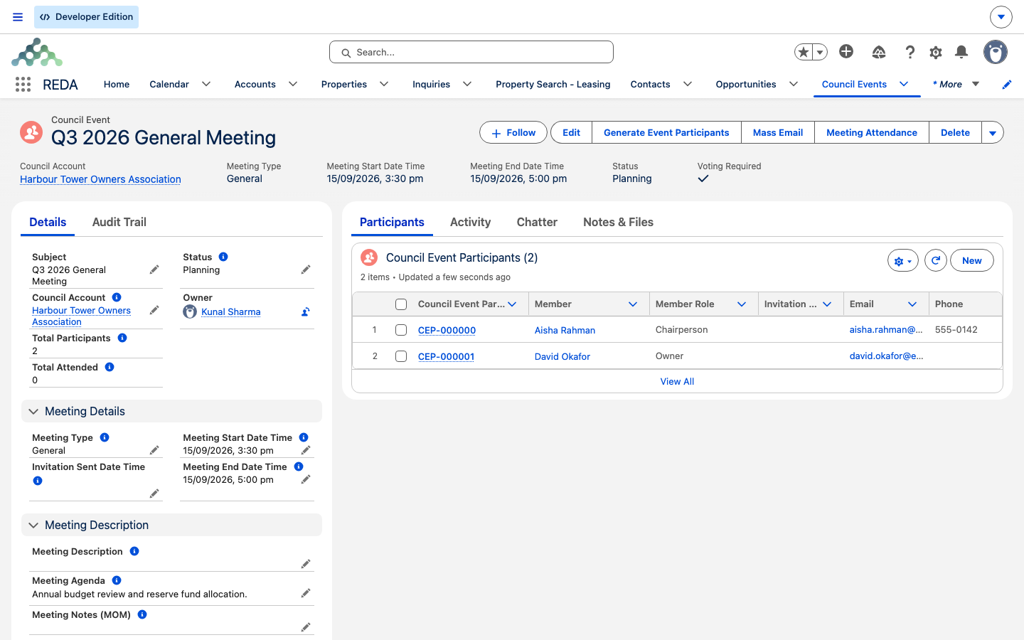 A council event record showing the Mass Email button in its action bar