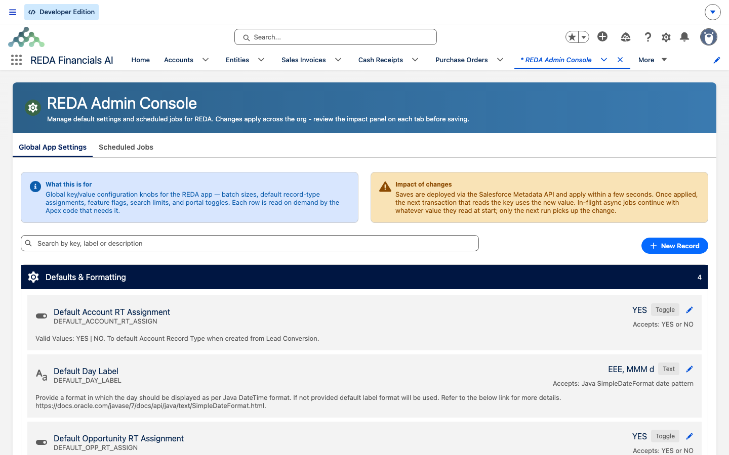 The REDA Admin Console's Global App Settings tab, listing settings grouped by category with each one's label, key, value, type, and description.
