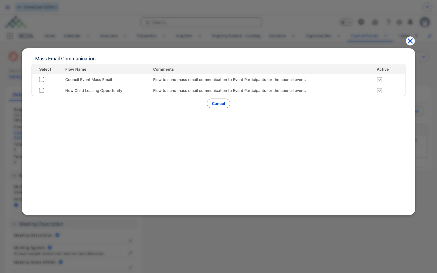 The Mass Email Communication launcher listing the configured mass-email flows