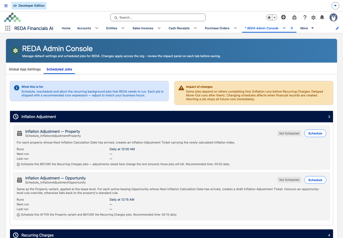 The REDA Admin Console Scheduled Jobs tab showing the job catalog grouped by area, each job Not Scheduled with a Schedule button and recommended run time.