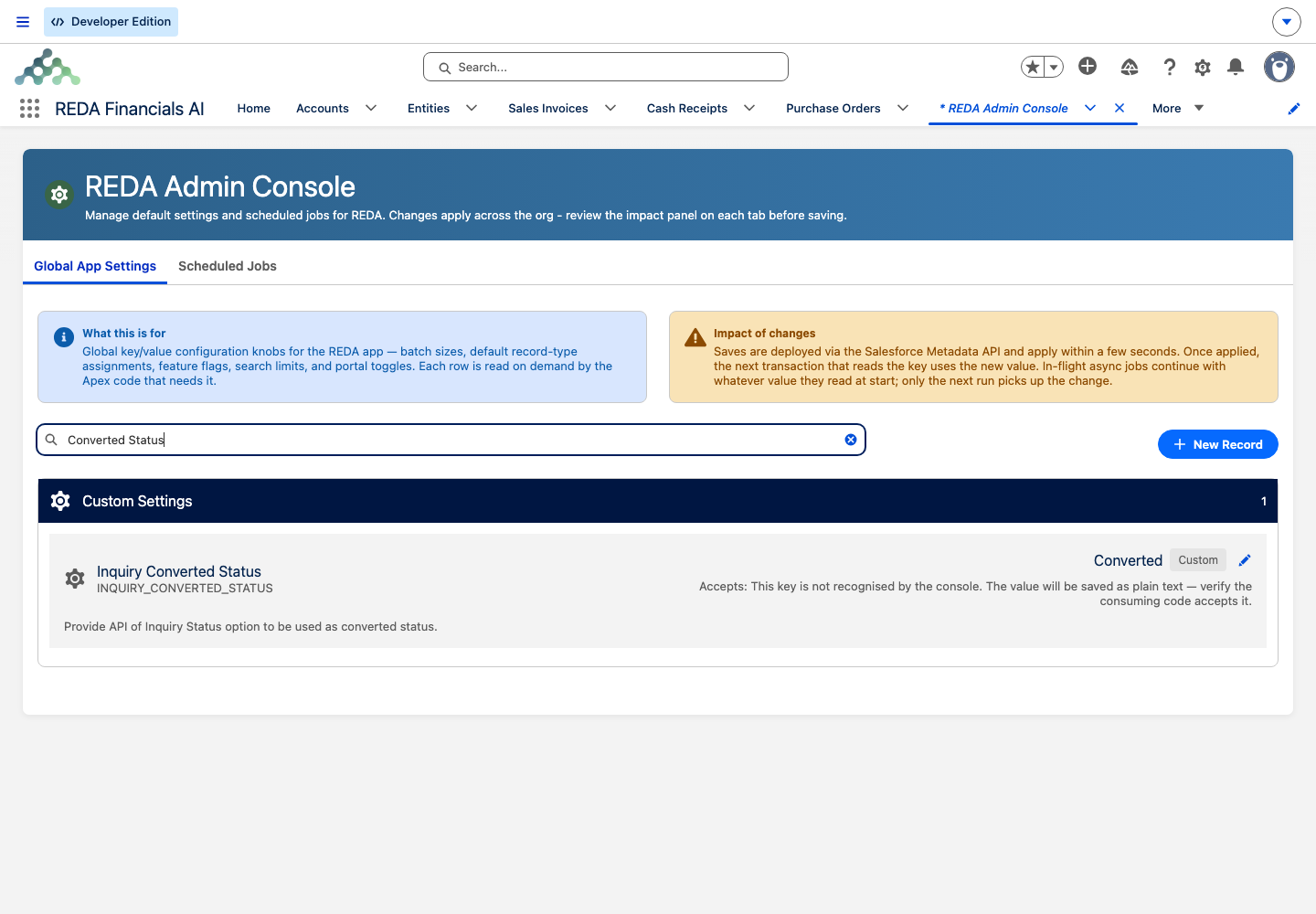 The Inquiry Converted Status setting with key INQUIRY_CONVERTED_STATUS, value Converted, and its description.