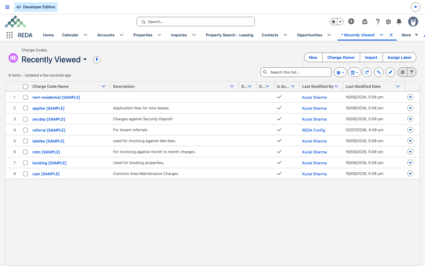 Charge Codes list view showing active codes with their descriptions