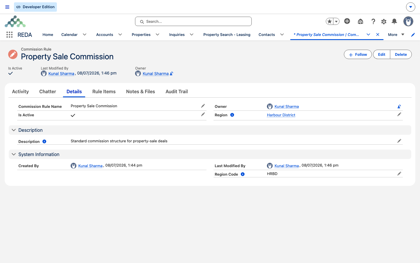 A commission rule record showing its region and active status