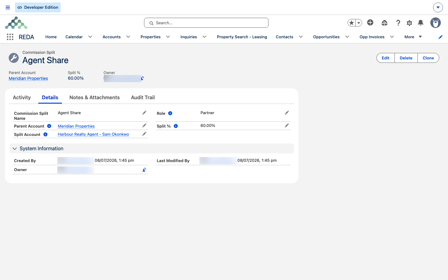 A Commission Split record named Agent Share in REDA One, with Parent Account Meridian Properties, Split Account Harbour Realty Agent - Sam Okonkwo, Role Partner and Split % 60.00%, shown on the Details tab above a System Information block.