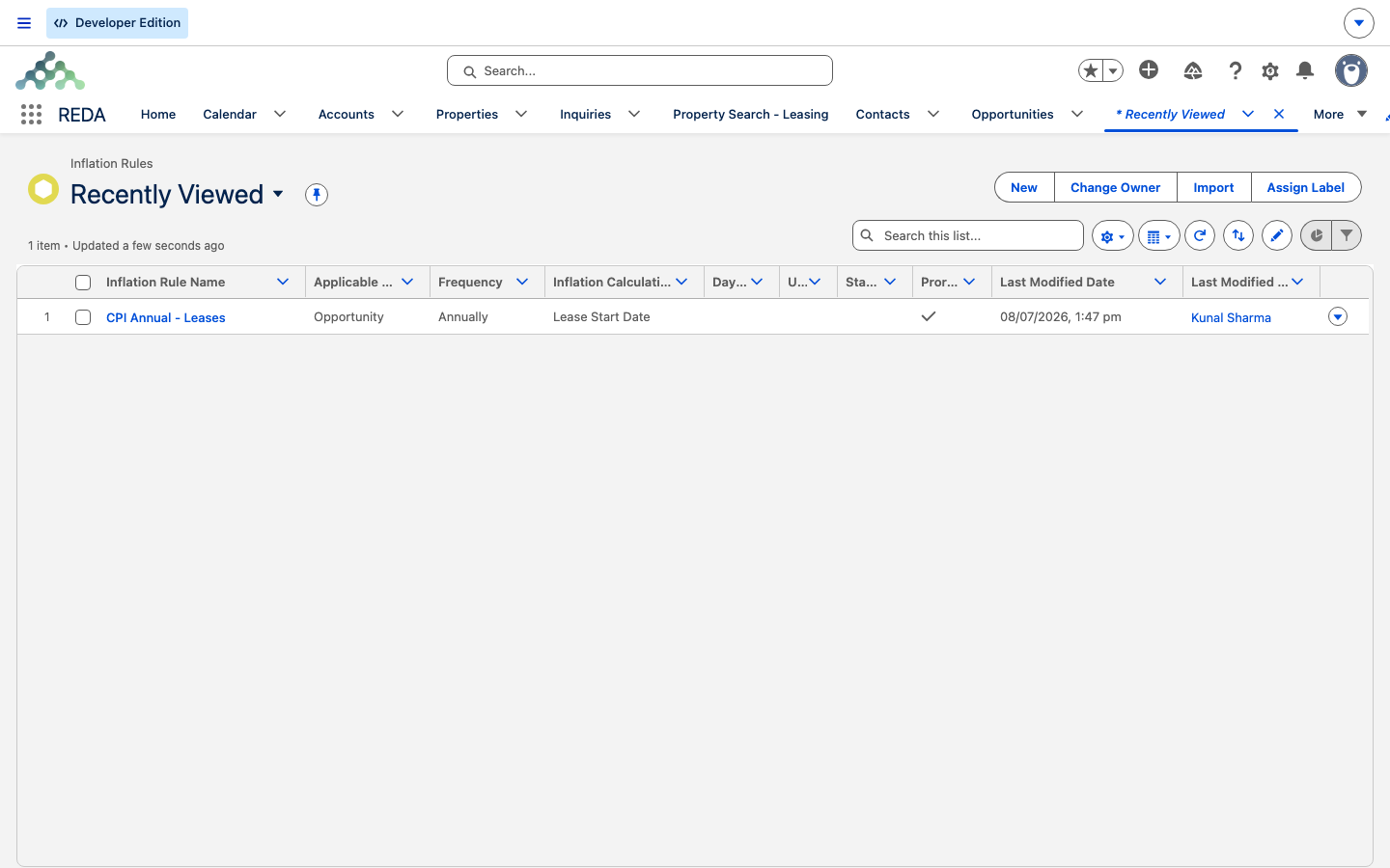 The Inflation Rules tab listing a rule with its applicable-for scope and frequency