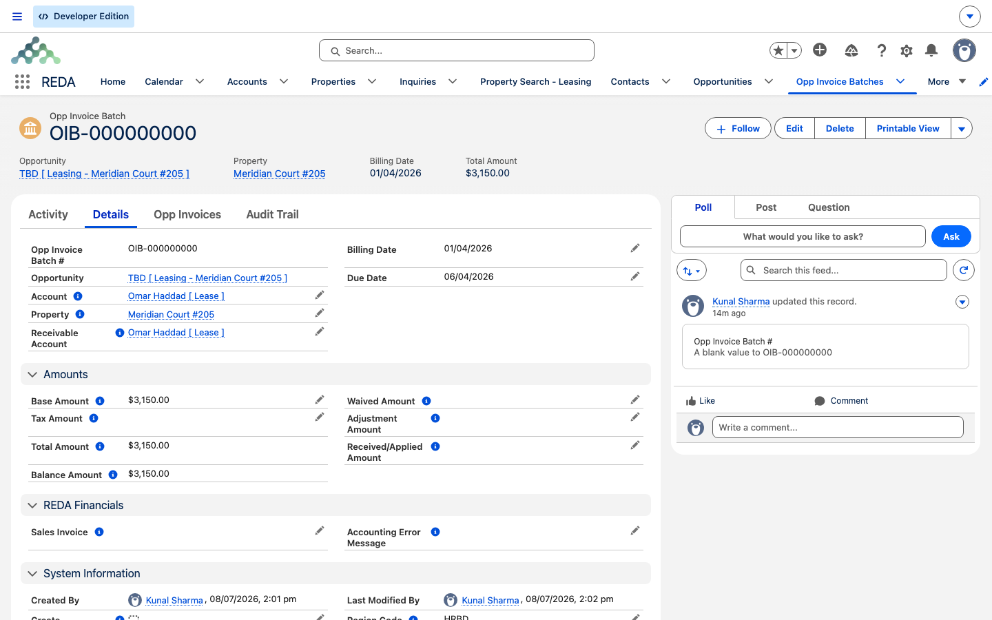 An invoice batch record with its Periodic Rental Charges description and rolled-up base amount