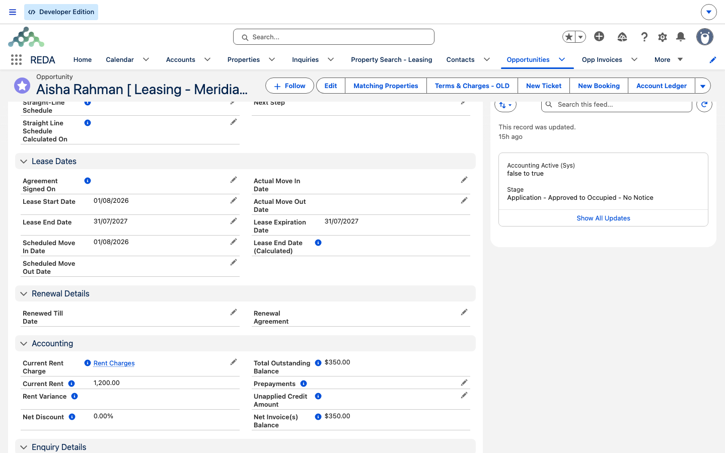 La sección Accounting de la pestaña Details del contrato de Aisha, mostrando Total Outstanding Balance $350.00, Net Invoice(s) Balance $350.00, Prepayments y Unapplied Credit Amount