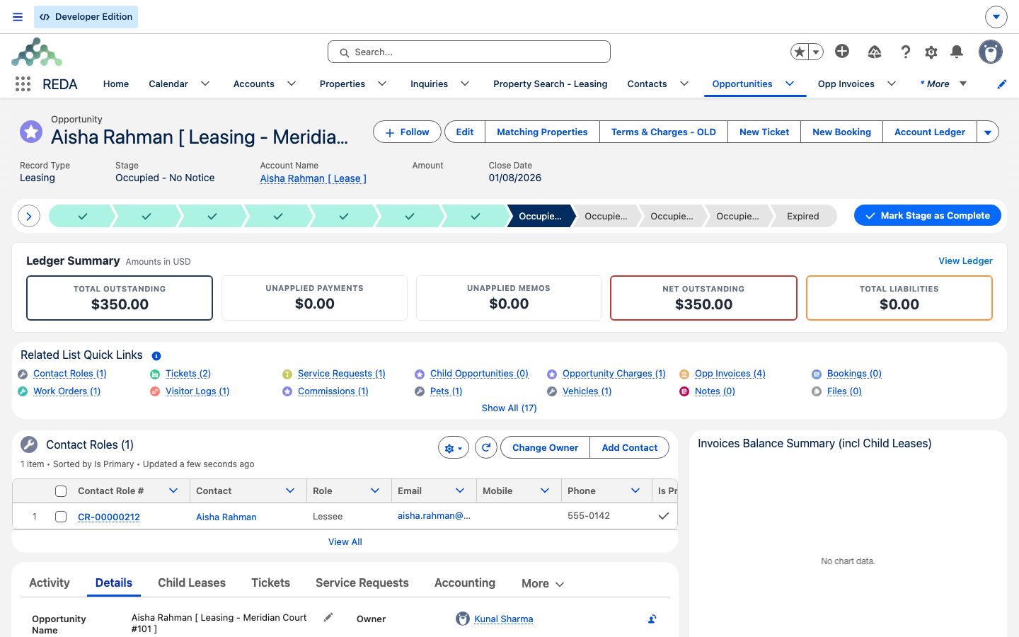 La franja Ledger Summary en la parte superior del contrato de Aisha, mostrando Total Outstanding y Net Outstanding de $350.00 después de pagar la renta