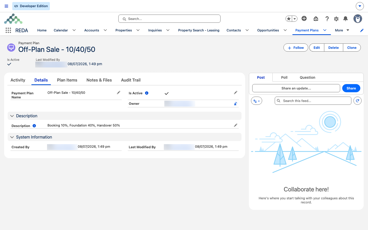 Un registro de Plan de pagos en REDA One llamado Off-Plan Sale - 10/40/50, con Is Active marcado y una descripción que dice Booking 10%, Foundation 40%, Handover 50%, en la pestaña Details junto a una pestaña Plan Items.