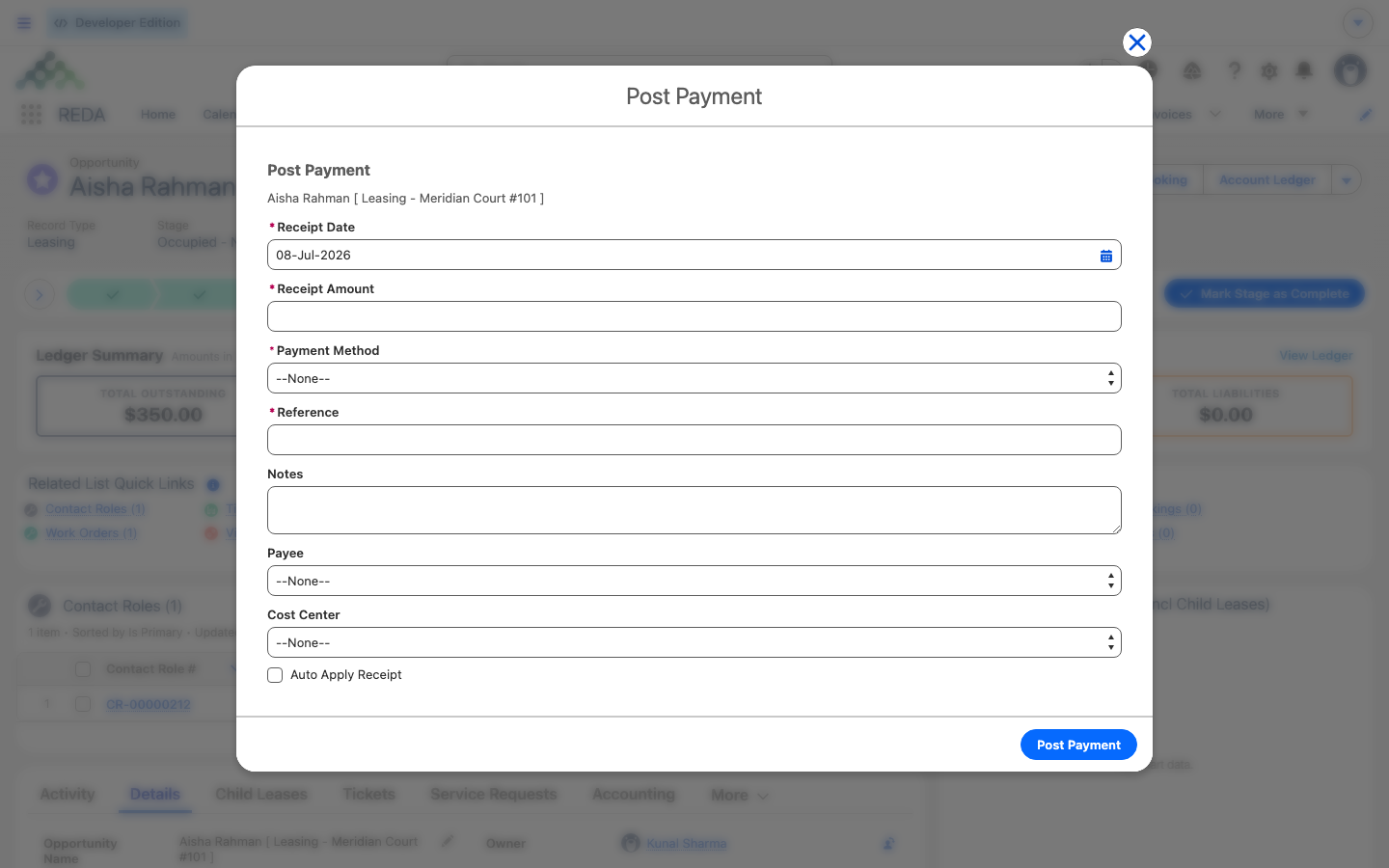 The Post Payment quick action screen on Aisha Rahman's lease