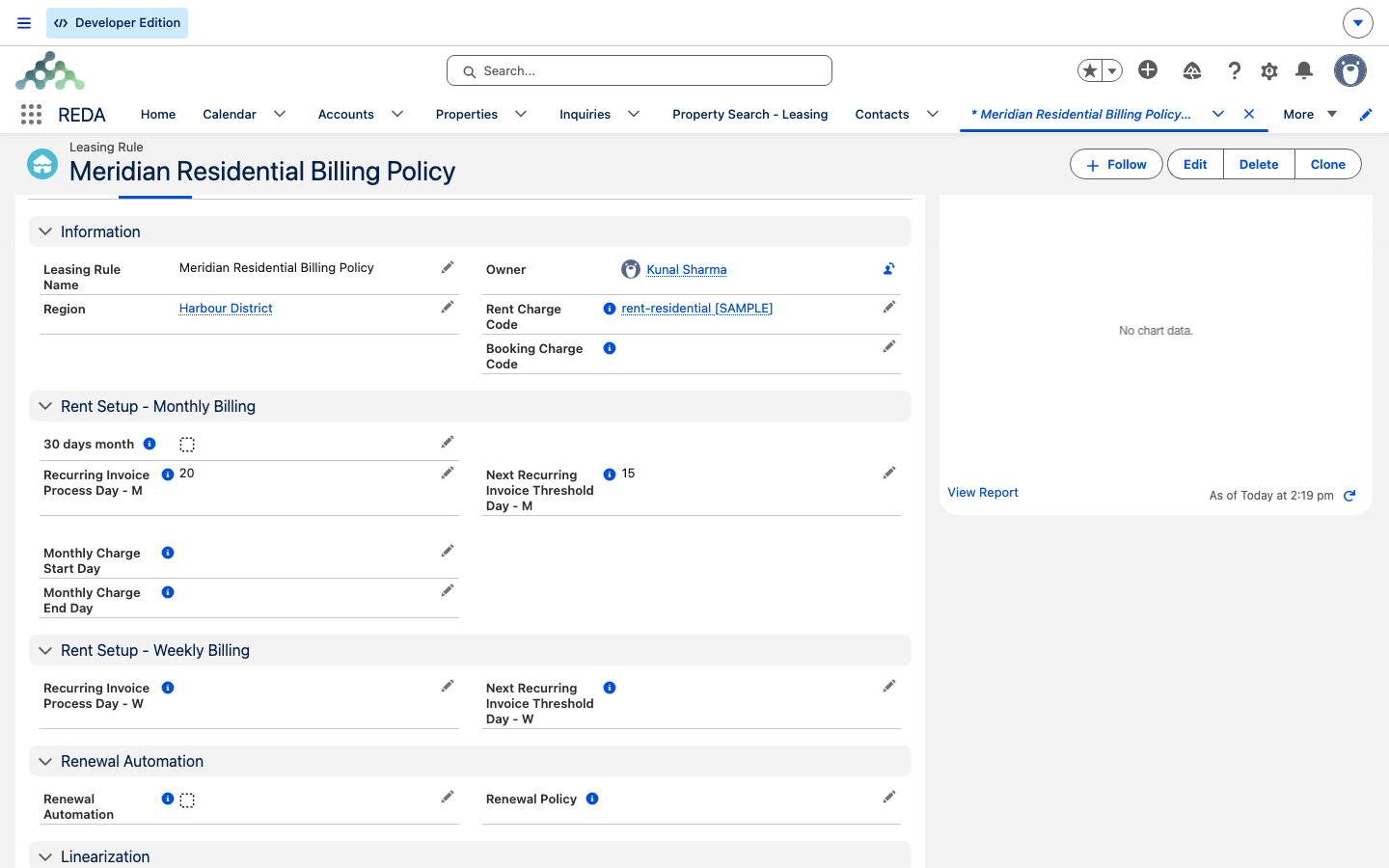 The recurring-invoice cadence fields on a leasing rule