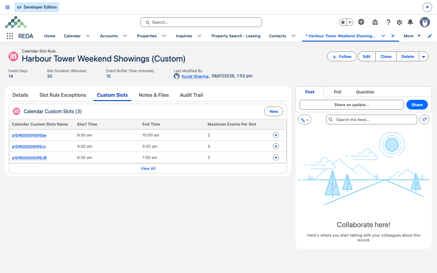 A Custom Calendar Slot Rule with its Custom Slots child list showing each slot's start time, end time, and maximum events per slot.