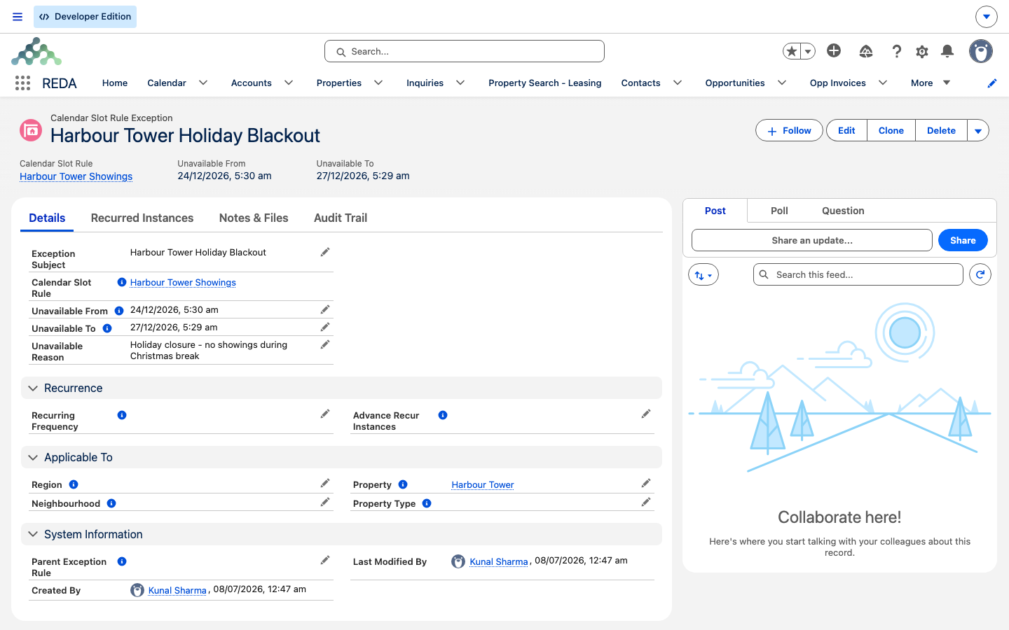 Um registro de Calendar Slot Rule Exception