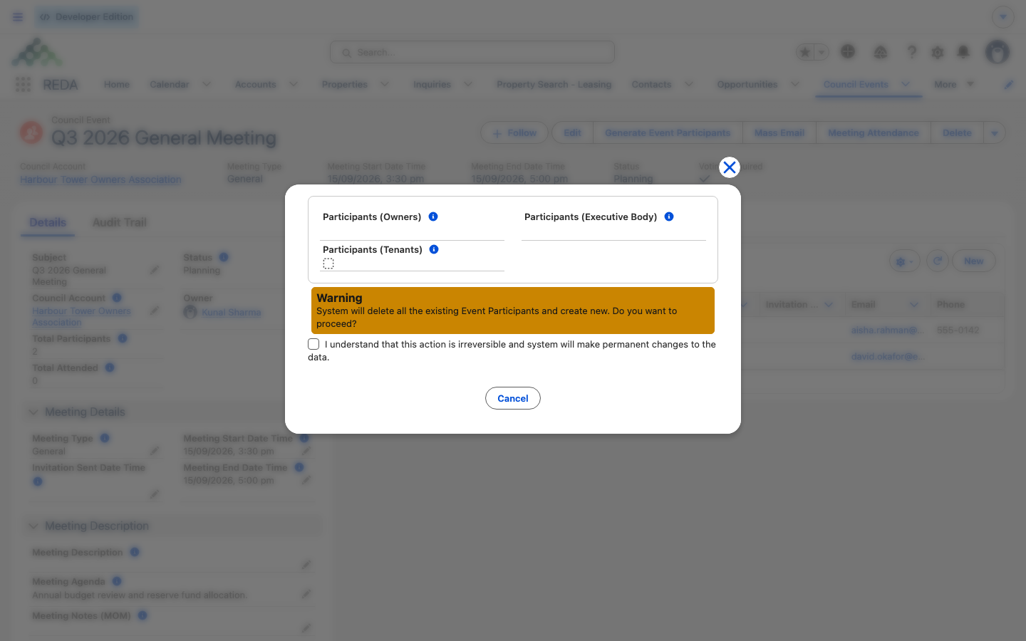 O diálogo de confirmação do Generate Event Participants com as opções de Owners, Executive Body e Tenants e o aviso de ação irreversível.