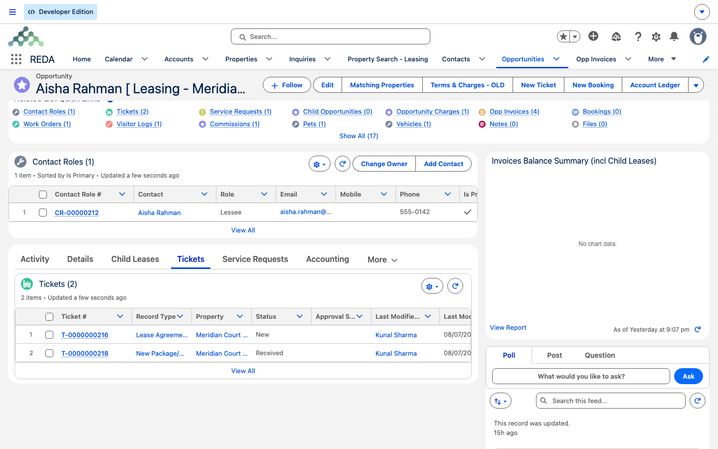 A guia Tickets do negócio, listando seus chamados com as colunas Record Type e Status