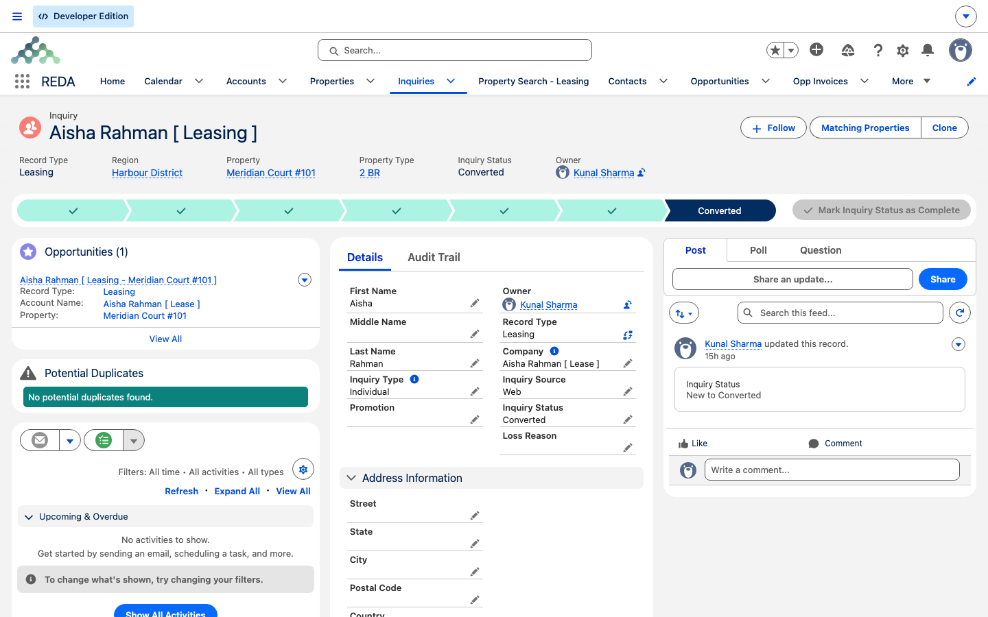 Lead convertido mostrando o status Converted e a lista relacionada Oportunidades