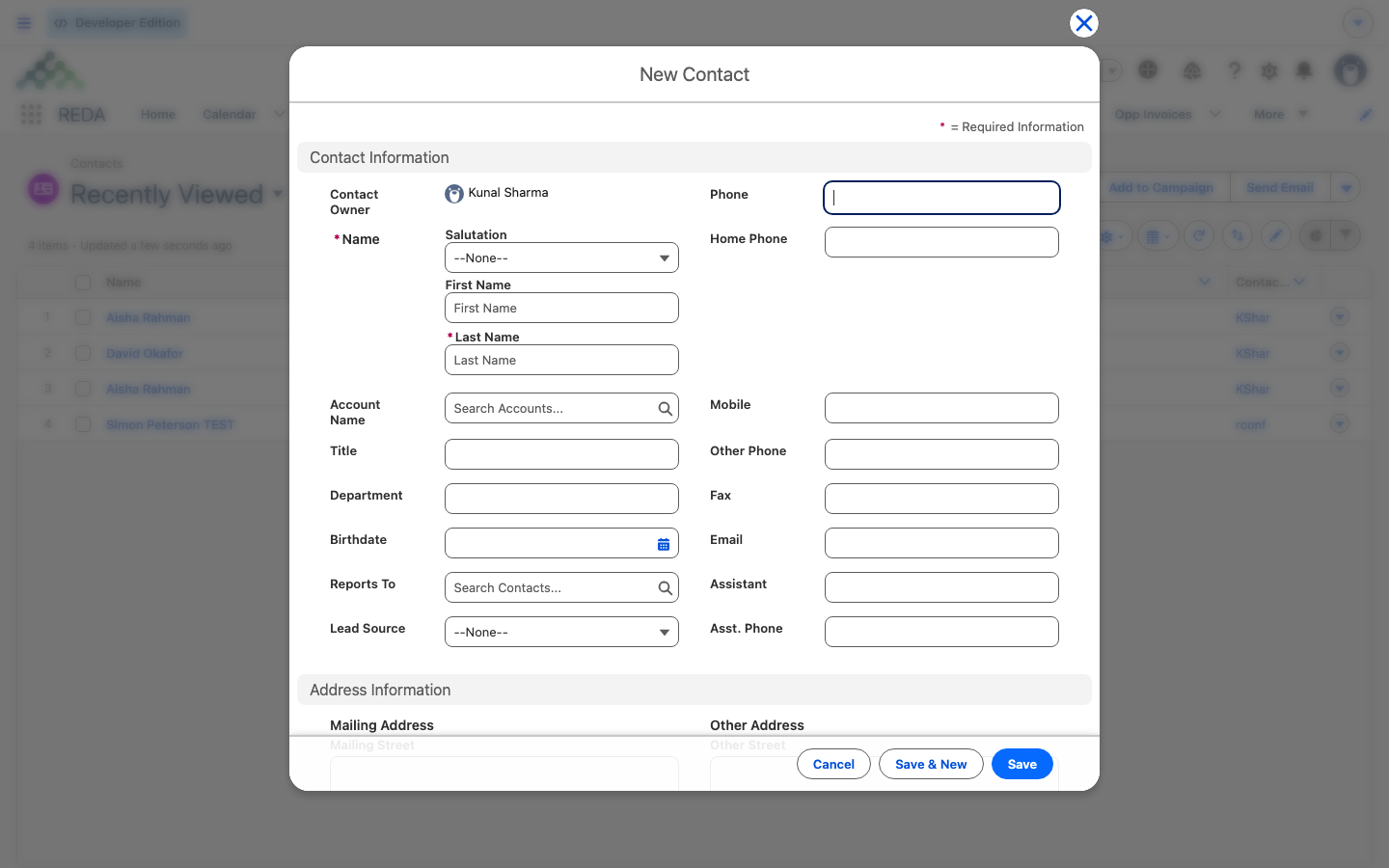Formulario de nuevo contacto al que se accede desde la pestaña Contacts