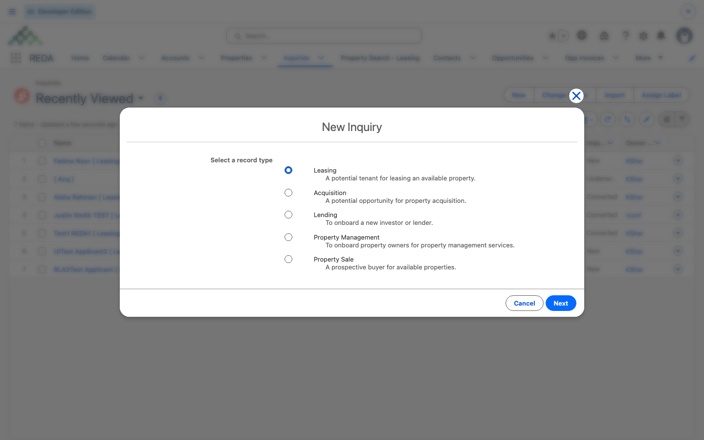 New Inquiry dialog with the record-type selection