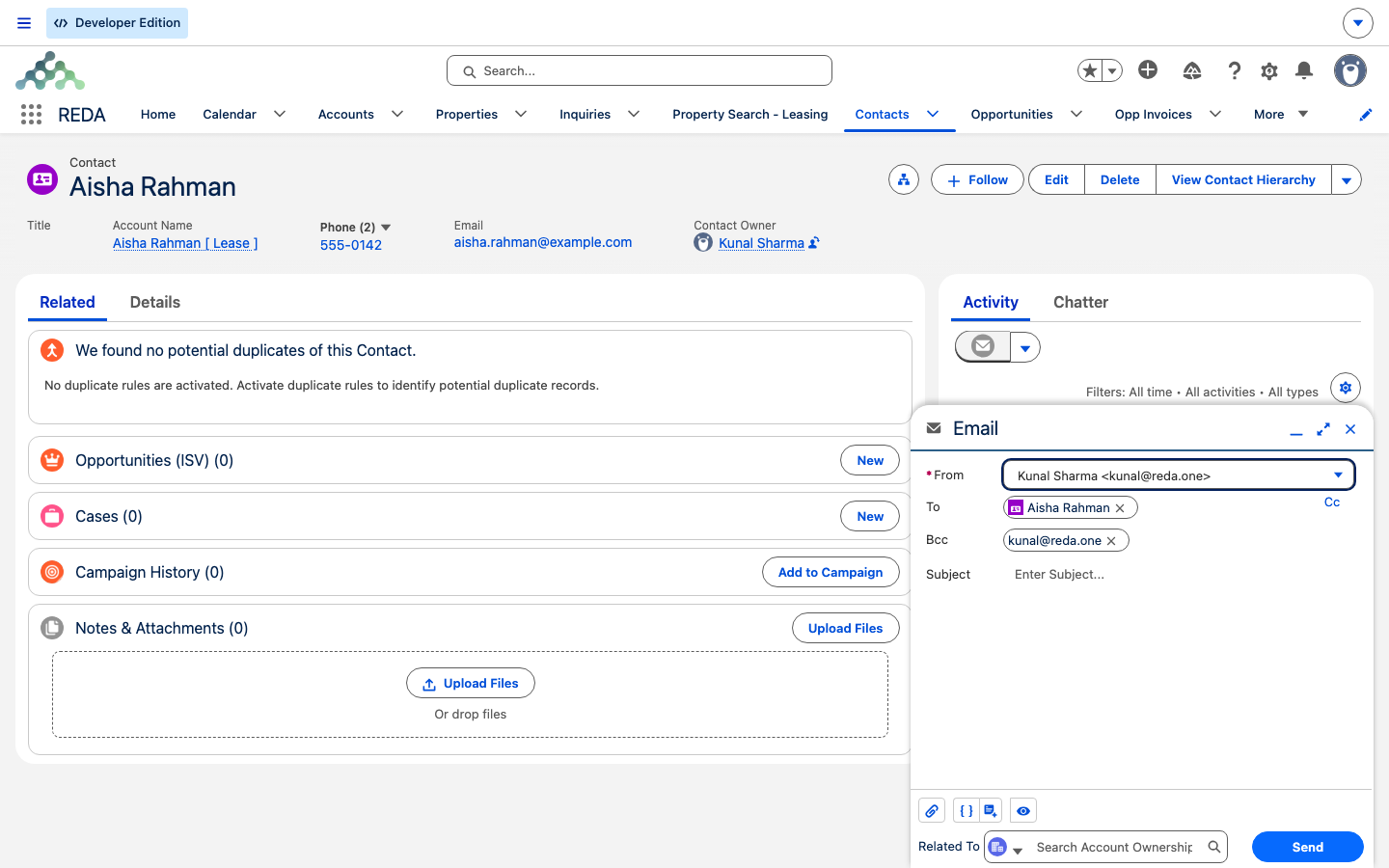 The Send Email composer on a contact with the To field pre-filled