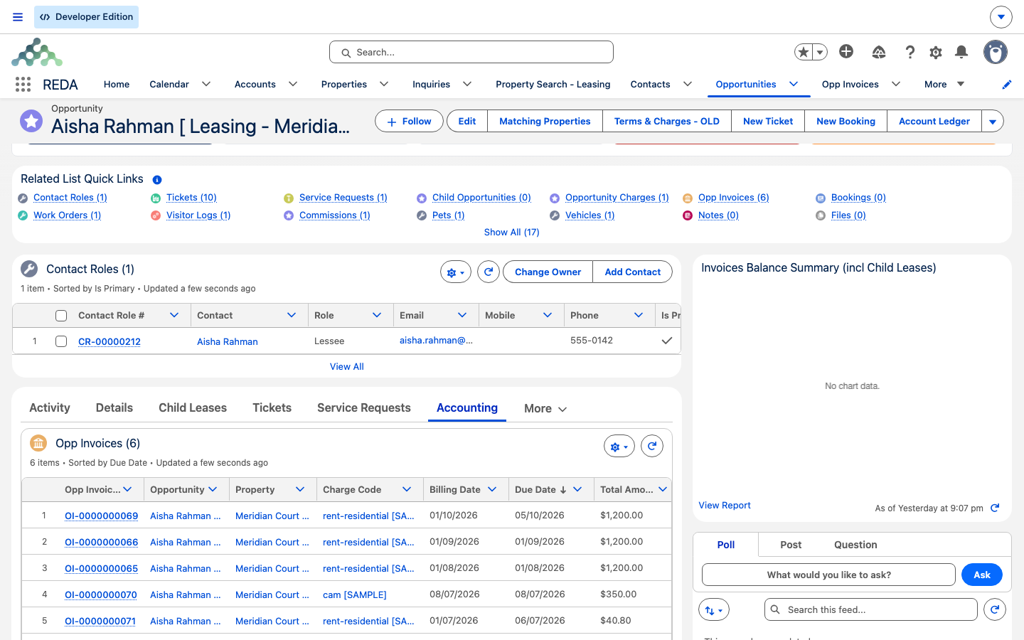 A leasing deal with its Accounting tab open, showing the Opp Invoices list.
