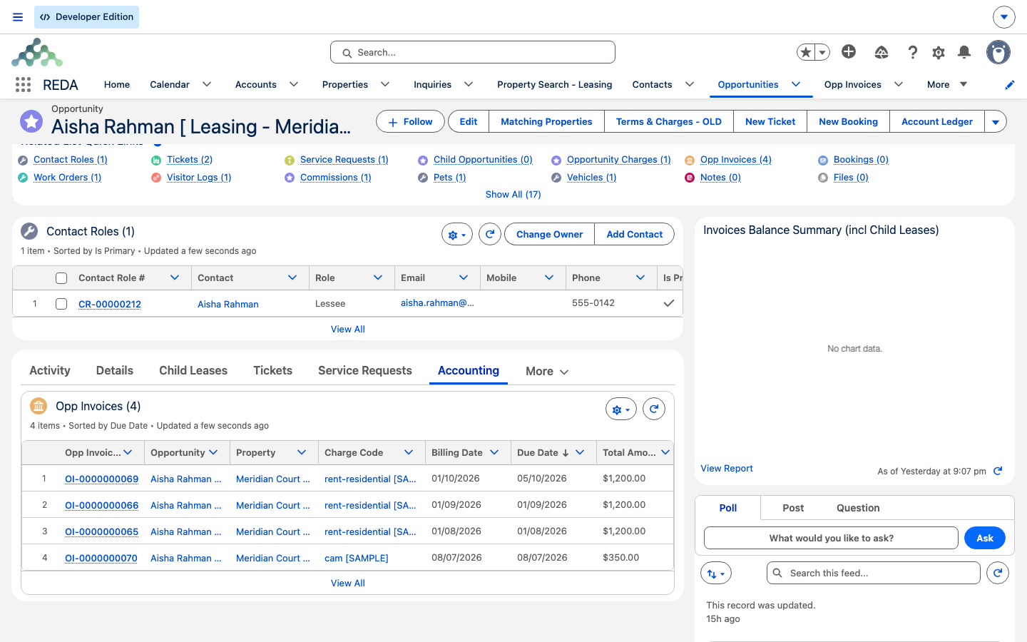 La pestaña Accounting del contrato mostrando la lista de Opp Invoices